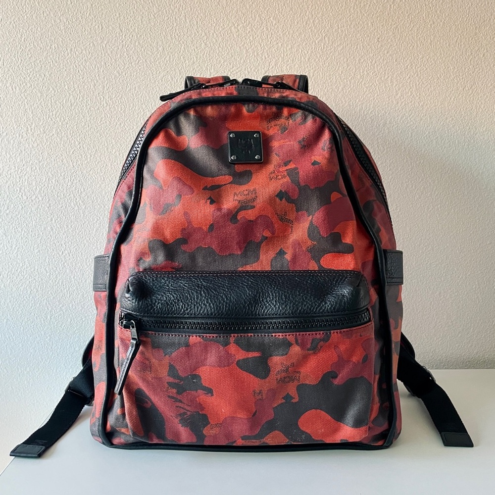 Rare Authentic MCM Reversible Red Camouflage Backpack with Black Leather Trim